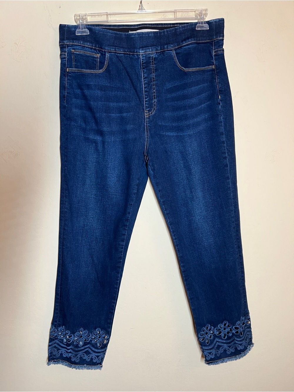 Soft Surroundings Dark Blue Cropped Embroidered Hem Jeans
